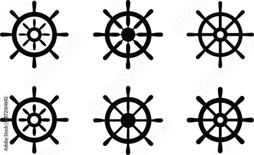 Six different black ship steering wheels are arranged neatly on a clean white background