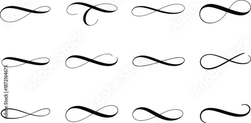 Twelve distinct black calligraphic infinity symbols and elegant decorative swashes are displayed on a white background