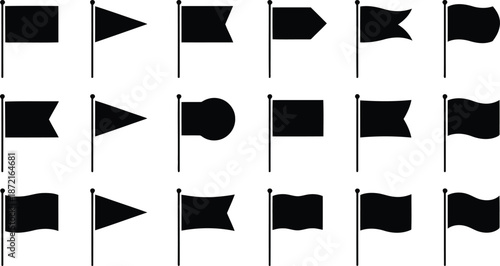 Varied set of black flag icons with poles featuring different shapes on a plain white screen