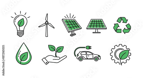 Illustrations of sustainable energy and eco-friendly practices