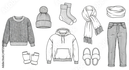 Collection of winter accessories and clothing