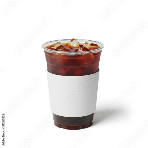 Iced coffee in clear cup with white sleeve isolated on white background