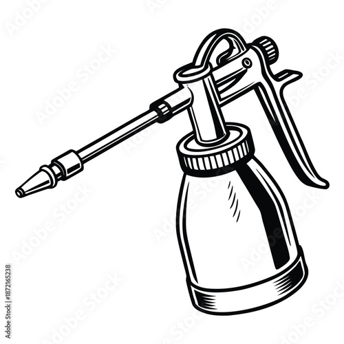 Black and white monochrome style features a pump oiler with nozzle and handle