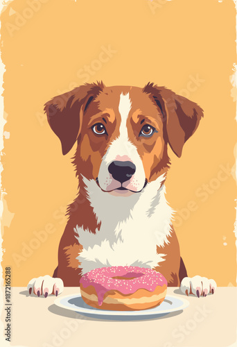 A Dog staring intensely at a donut on a table. 'Self Control' humor. Flat vector illustration