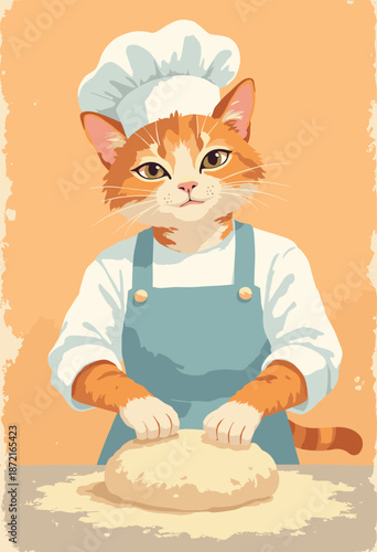 A Cat kneading dough with a chef hat. 'Biscuit Maker' funny concept. Flat vector
