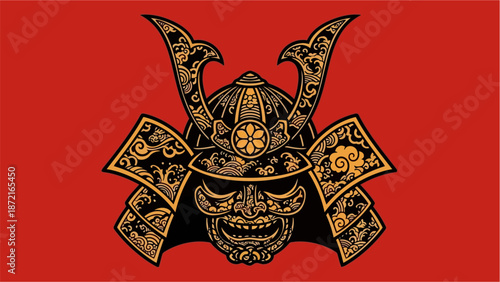Intricately designed samurai helmet with gold accents on a red background symbolizing japanese culture and warrior spirit with intricate designs
