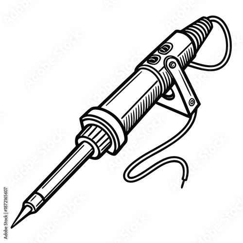 Detailed monochrome outline showcases electric soldering iron tool with power cord displayed clearly