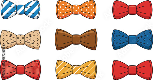 Collection of colorful bow tie illustrations with various patterns and styles, perfect for fashion, accessories, parties, and design projects