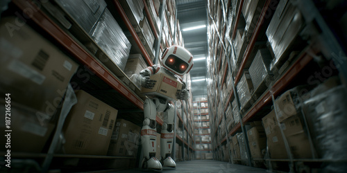 Cinematic 3D humanoid robot holding a cardboard package while standing in a large warehouse aisle filled with stacked boxes and metal shelves. Industrial lighting, depth perspective