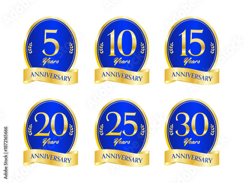 青ベース楕円メダル型・周年記念エンブレム6点セット（5・10・15・20・25・30年／リボン付き装飾素材）