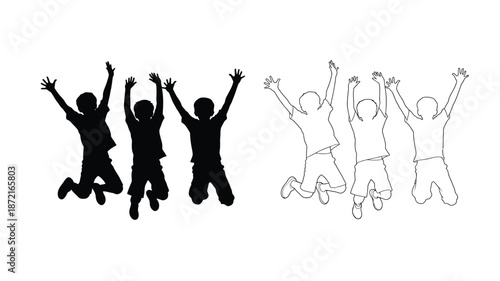 Joyful group of people jumping with arms raised a dark silhouette