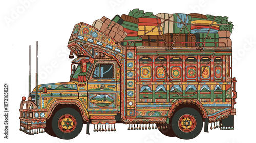Pakistani Jingle Truck Flat Vector Illustration Cultural Transport Mascot generative ai