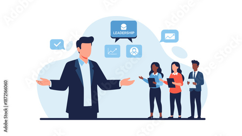 Business leader with team, demonstrating leadership and strategy with icons.