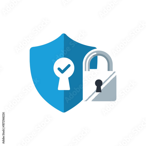 Cyber security and data protection concept with a shield icon featuring a secure keyhole and padlock, symbolizing digital safety, privacy, and access control