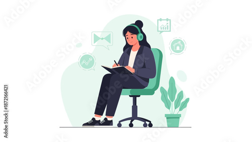 Businesswoman with headset writing notes, surrounded by business icons