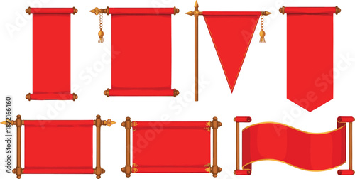 Collection of red decorative banners and scrolls with gold accents, perfect for announcements, medieval designs, celebrations, and festive themes
