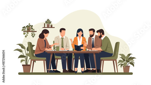 Diverse team collaborating around a table in a modern office with plants