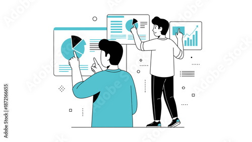 Team analyzing charts and data on screens, business analytics concept