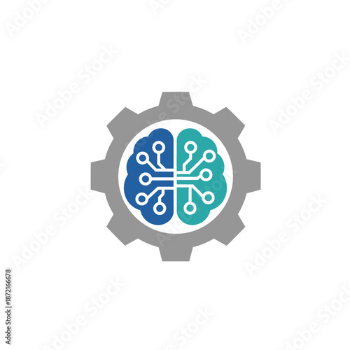 Abstract representation of a digital brain with circuit patterns inside a gear, symbolizing artificial intelligence and technological innovation