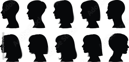 Female profile silhouette set vector illustration, women head faces side view collection, black people icons isolated white background beauty hairstyle design concept graphic template