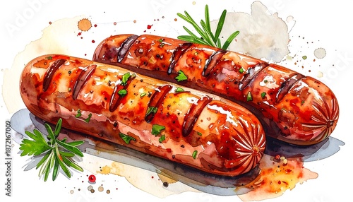 Delicious Grilled Sausages with Rosemary and Spices, Watercolor Style Illustration