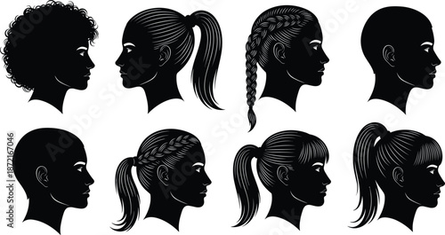Female hairstyle silhouette set vector illustration women profile heads ponytail braid bun short hair black icon collection beauty salon design isolated white background clipart