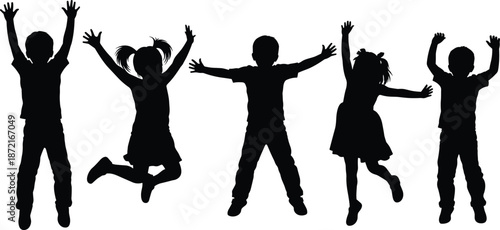 Happy kids jumping silhouette vector illustration, children playful poses with raised hands collection, black young people isolated white background joy freedom concept graphic design