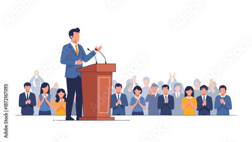 A male speaker gestures confidently from a podium as a diverse audience enthusiastically applauds his presentation, showing appreciation.