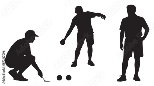 Black Silhouettes of Men Playing Bocce Ball on White Background