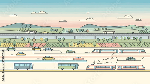 Transportation Network Illustration Cars Buses and Trains in a Linear Design.