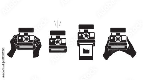 Hands Holding Old Cameras with Flash