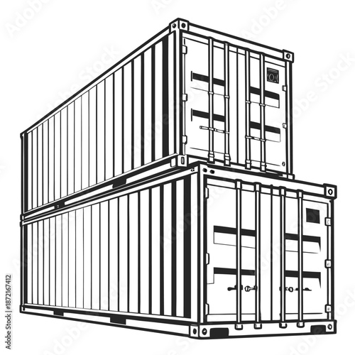 Two shipping containers are stacked atop each other in black and white outline art