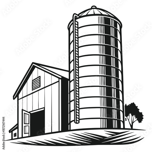 Farm displays a barn and grain silo with monochrome aesthetic, set amidst agriculture