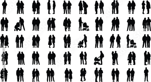 People silhouette collection vector illustration, men women couples families standing walking talking set, black human figures isolated white background social crowd concept design