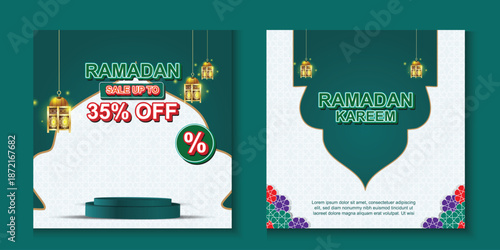 Vector Template Ramadan Sale Banner, Social Media post, Advertising With Ramadan Kareem Theme, And Islamic Background, Podium display and Arabic lamp ornament