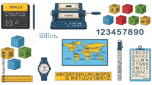 Braille display device and alphabet blocks with world map and stationery on white background with Accessibility and Assistive Technology and Visual Impairment