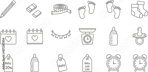 Baby nursery essentials icons, baby shower symbols, parenting illustrations