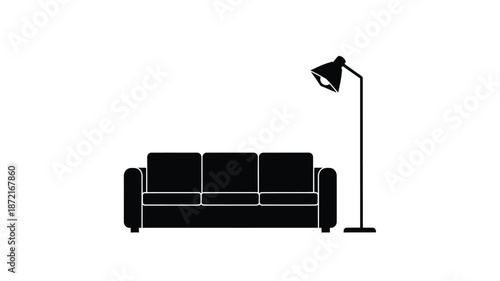 Minimalist living room furniture arrangement with a floor lamp a sofa silhouette