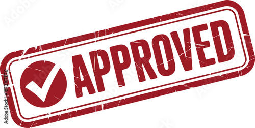 A diagonally oriented distressed red approved stamp with a solid checkmark enclosed in a rounded frame