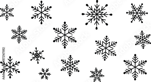 Black snowflakes on white background, winter pattern, frosty design