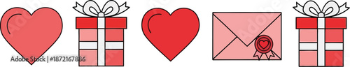 Valentine's Day icons, hearts, gifts, and love letter on white background