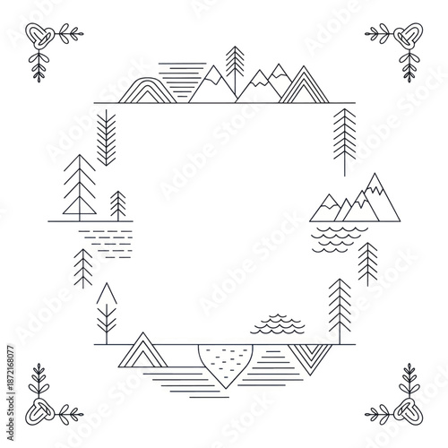 Minimalist circular doodle frame of mountains trees and a tranquil lake landscape.