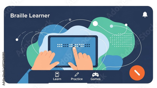 Braille learning application interface with hands interacting on digital tablet with accessibility and technology and education and assistive