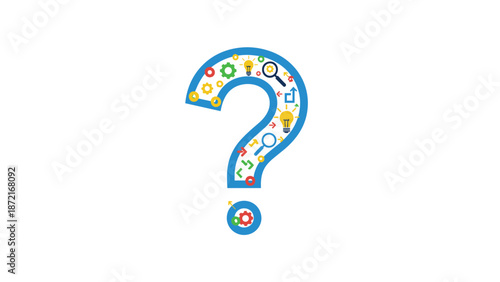 A large, stylized question mark is filled with various colorful icons representing ideas, tools, and processes, symbolizing problem-solving and innovation.