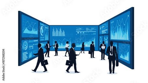 Silhouettes of business professionals are strategically positioned within a data-rich environment, surrounded by multiple large screens displaying various analytical charts.