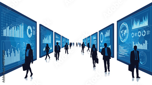 Silhouettes of business professionals are seen walking along a dynamic corridor lined with numerous screens displaying vast amounts of data and analytics.