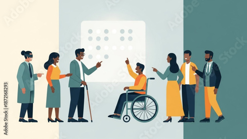 Diverse group of people with disabilities discussing in a meeting or presentation setting with a whiteboard in the background with accessibility