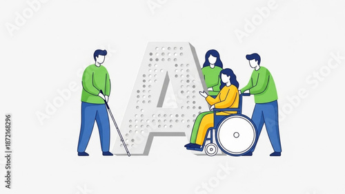 Accessible design concept with people in wheelchair and assistive devices flat vector illustration with accessibility and disability and inclusion