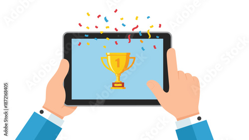 A pair of hands holds a tablet displaying a gleaming gold trophy and festive confetti, symbolizing victory, achievement, and successful online gaming.