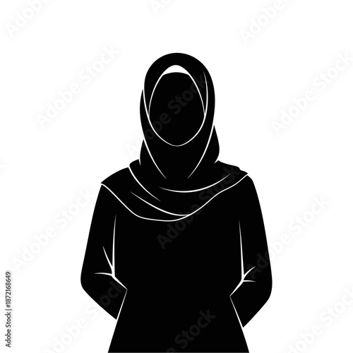 A black silhouette illustration of a woman wearing a hijab on a white background standing with her hands behind her back with vector and icon